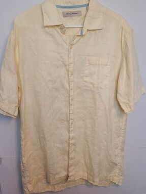 Tommy Bahama Men's Large Linen Button Up Shirt Pale Yellow Pocket Spring Beach